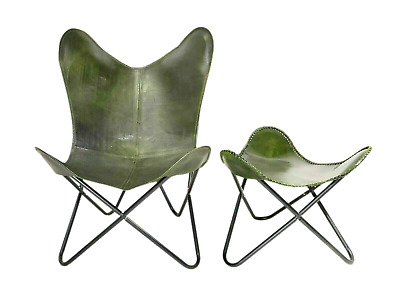 Green Leather Buffalo Vintage Butterfly Chair Folding With Rest Chair Footstool