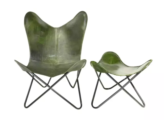 Verde Cuero Buffalo Vintage Mariposa Silla Plegable Con Resto Silla Reposapiés