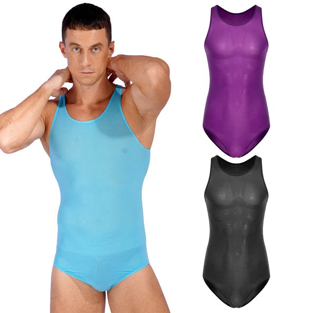 MENS SHINY GLOSSY Underwear Seethrough Thong Leotard Bodystocking Tank