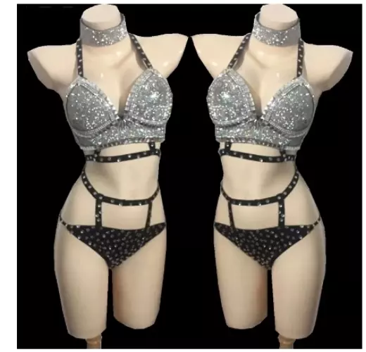 SILVER CRYSTALS FULL Diamond Sexy Bikini Nightclub Dance Performance Stage  Wear £145.51 - PicClick UK