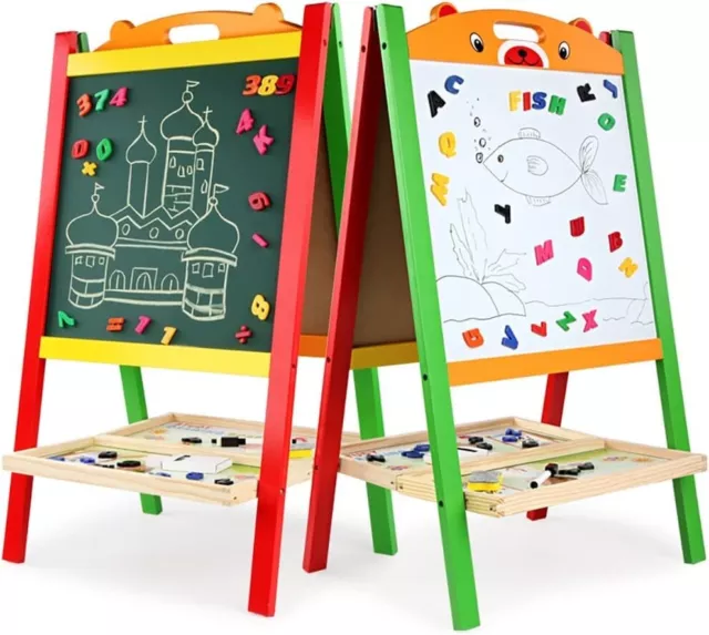 Double Sided Wooden Art Easel Blackboard Chalk Whiteboard