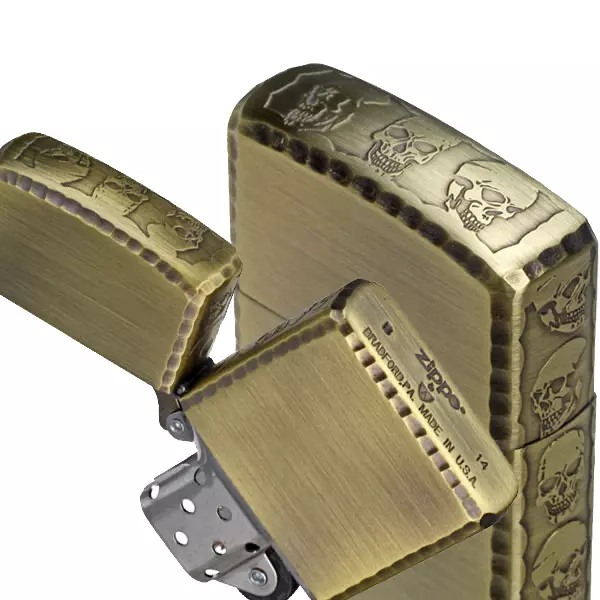 Zippo Oil Lighter Armor Case Skull 3 Side Sculpture Antique Brass Gold NEW