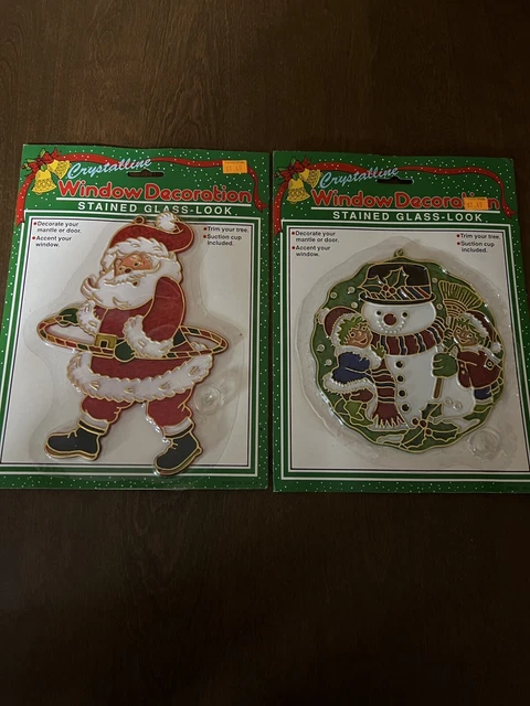 Lot Of 2 Vintage Christmas Crystalline Window Decorations Stained Glass Look