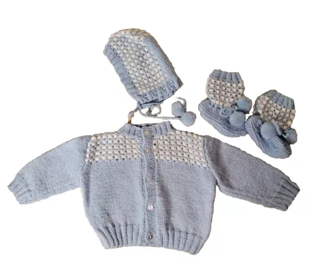 Vintage Blue & White Hand Crocheted Baby/Doll Sweater, Booties & Bonnet/Hat Set