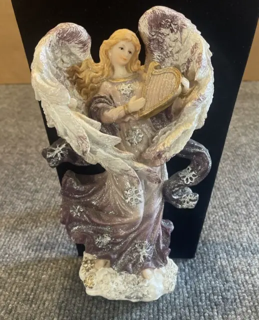 Beautiful Angel with Harp Purple/White Snowflakes & Glitter Figurine