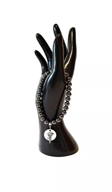 Pulsera de alerta médica SOS elástica de emergencia cuentas de hematita y dije médico