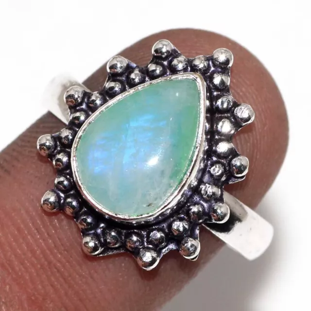 925 Silver Plated-Rainbow Moonstone Ethnic Handmade Ring Jewelry US Size-8.5 g88