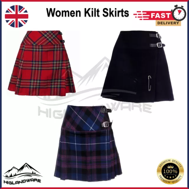 Scottish Ladies Mini Skirt Various Tartans Acrylic Wool Kilt Pin 16' Long Women