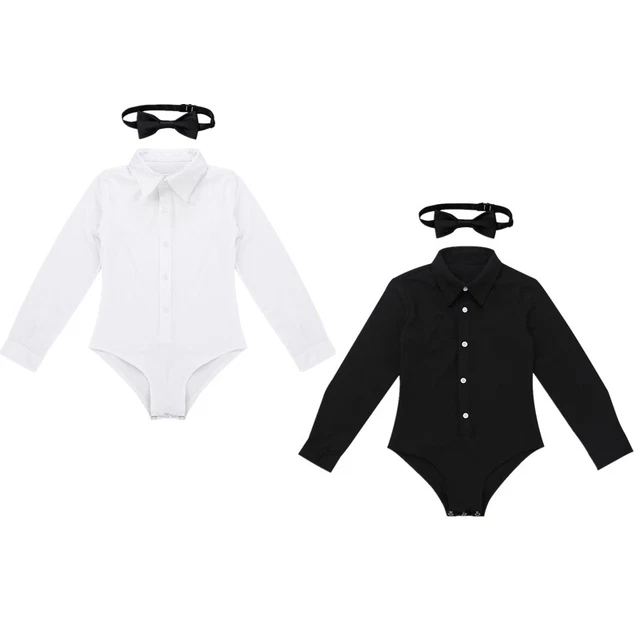 Kids Boys Bowtie Romper Long Sleeves Bodysuit Jumpsuit Modern Latin Top Costume