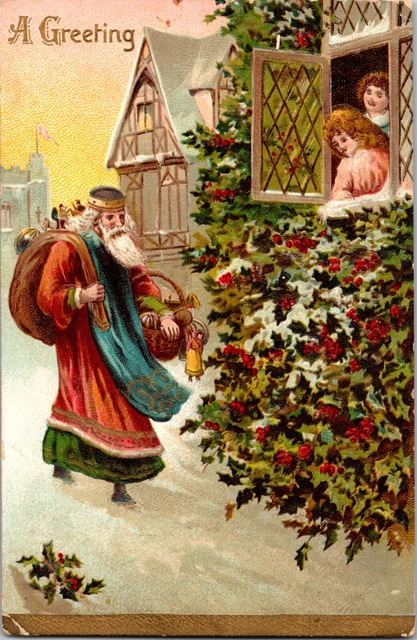 Antique Christmas Postcard Santa Pink Green Robe Old World Village Children 2045