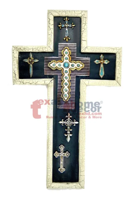 Collage Decorative Wall Cross Turquoise Wooden Body Silver Crosses 20 x12 inches