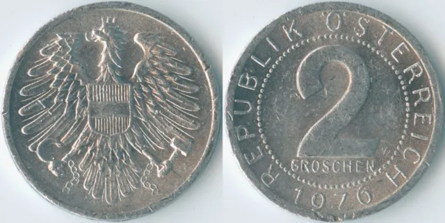 Austria 1976 2 Groschen KM# 2876 Al-Mg Second Republic Coat of Arms Eagle Value