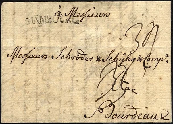 HAMBURG 1767, HAMBOURG, L1 auf Brief n. Bordeaux, Pracht