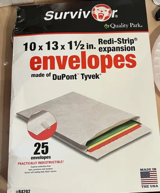 Survivor QualityPark 10x13x1 1/2in RediStrip Expansion Envelopes 25ct White New