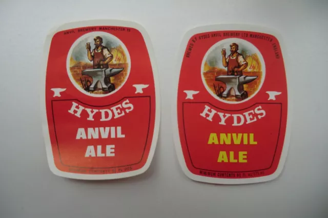 2  DIFFERENT HYDES MANCHESTER ANVIL ALE 9 2/3 fl oz BREWERY BEER BOTTLE LABELS