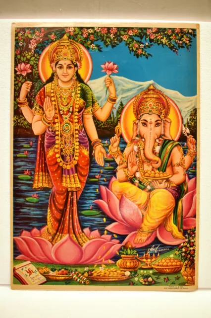 Vintage Lithograph Print Goddess Lakshmi Laxmi With Lord Ganesh Hindu Mythology"