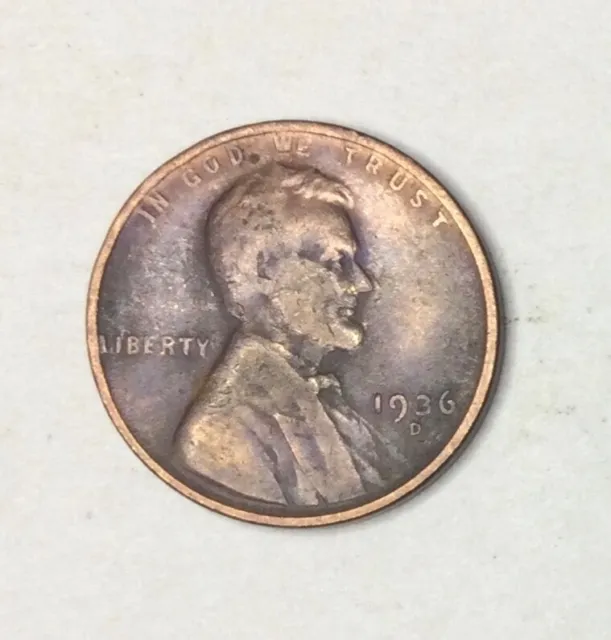 1936D USA, American Copper 1 Cent coin. WW II era. Good quality. L