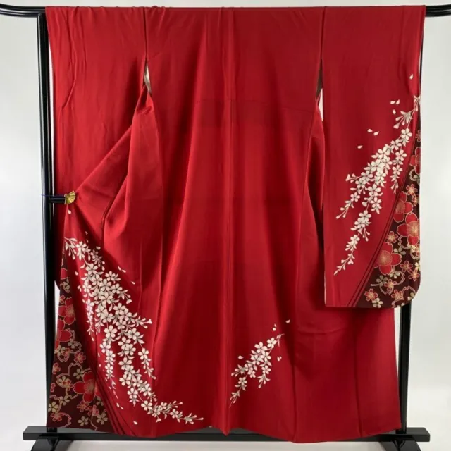 Woman Japanese Kimono Furisode Silk Cherry Blossom Petal Gold Silver Red
