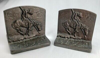 Vintage Native American Indian Warrior w/ Spear on Horse Old Metal Bookends Pair