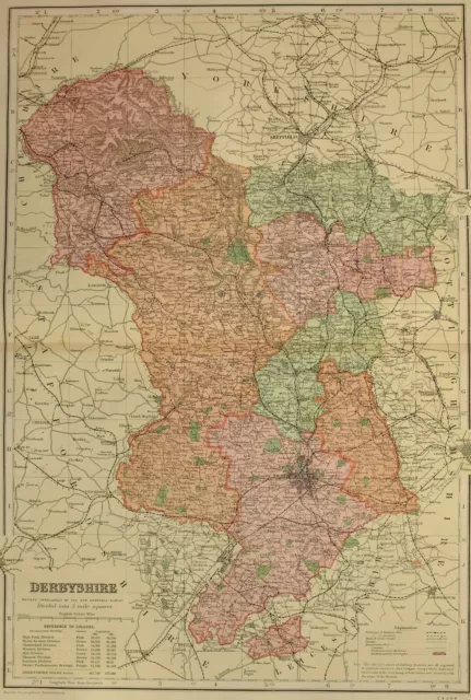 1896 County Map Derbyshire Derby Ashborne Bakewell Dronfield Chesterfield