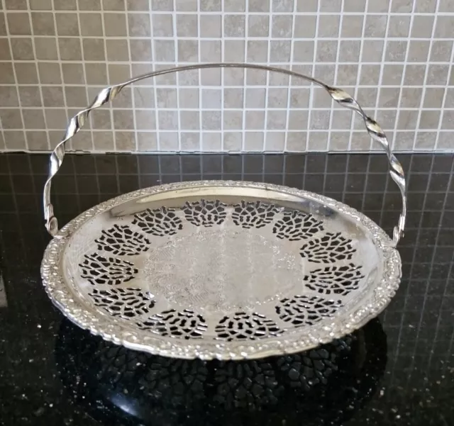 Silver Plate Pierced Metal Bon Bon Dish with Swing Handle