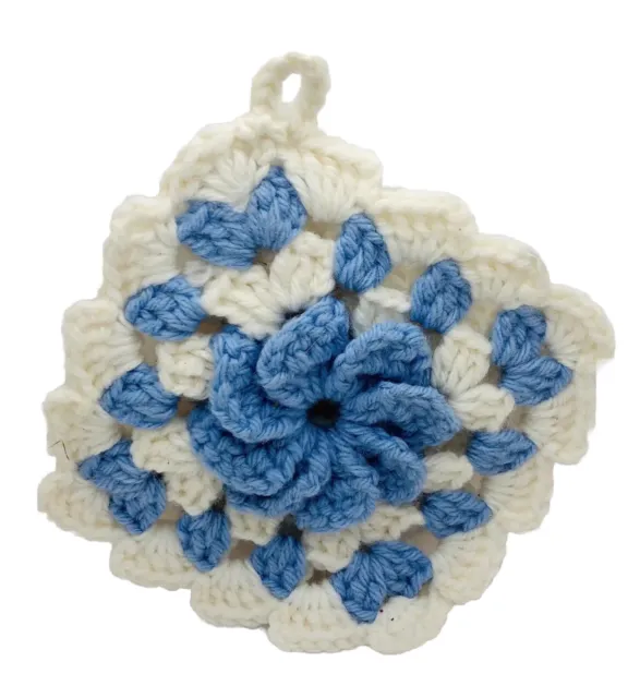 Handmade Blue White Crochet Country Cottage Decor Potholder Hang Loop VTG Unused