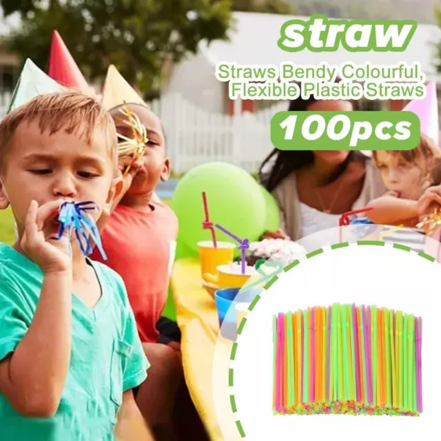 100 Neon Straws Flexible Bendy Birthday Party Plastics Straws 2023 Drinking C7Z3
