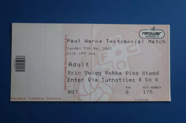 Millers Legends v Rotherham United 2013 Paul Warne Testimonial Match Ticket