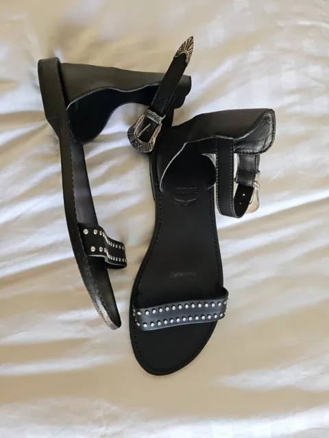 ZADIG & VOLTAIRE Paris Black Leather Silver Buckle Studded Sandals Size 39