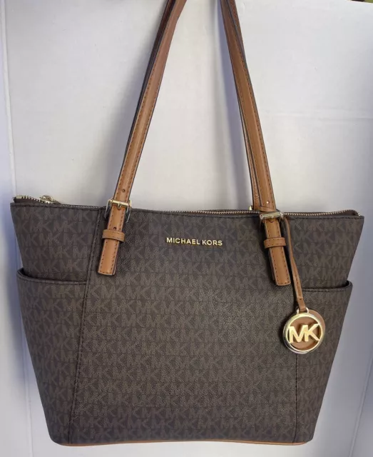 Michael MICHAEL KORS E/W Top Zip Tote Brown/Acorn Signature Shoulder Bag Purse