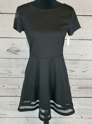 Bar III Black Dress Womens M Fit Flare Short Sleeve Mesh Knee Length Skater Goth