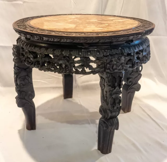 Antique 19th Century Chinese Carved Hongmu Rosewood Marble Top Table Cut Down