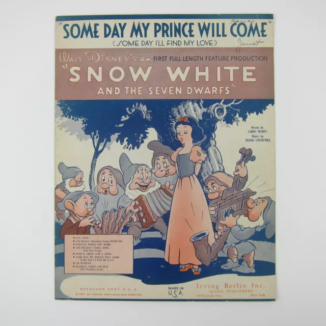 Walt Disney Snow White Some Day My Prince Will Come Sheet Music Vintage 1937