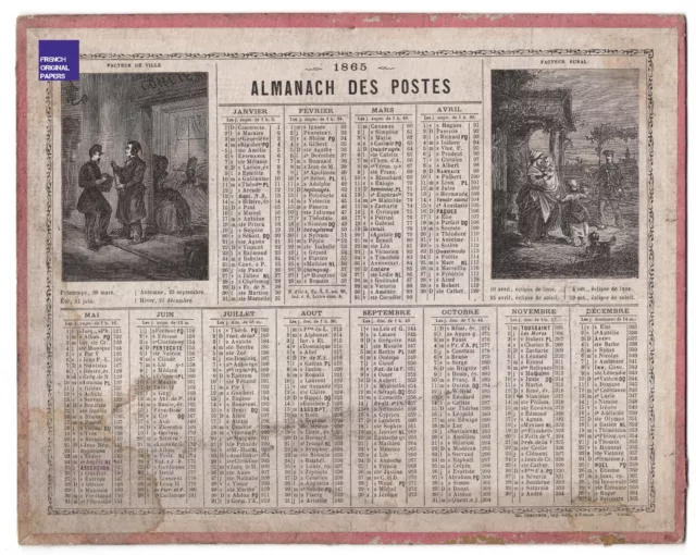 Almanach calendrier des Postes Année 1865 - Oberthur Gravure Facteur Poste