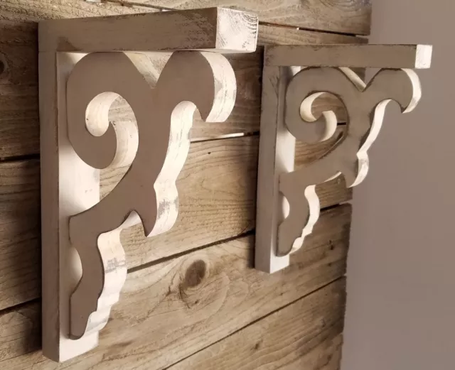 Pair of Distressed White Wood Corbels Shelf Brackets Rustic Farmhouse D32A