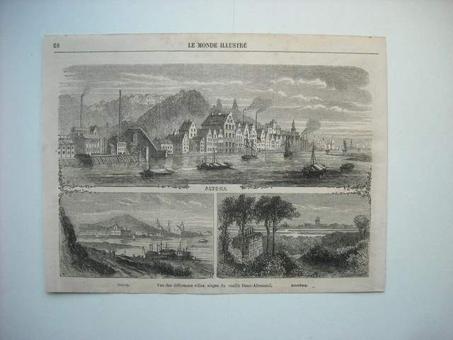 Gravure 1864. Conflit Danois-Allemand. Villes D' Altona, Gottorp Et Rendsbug....