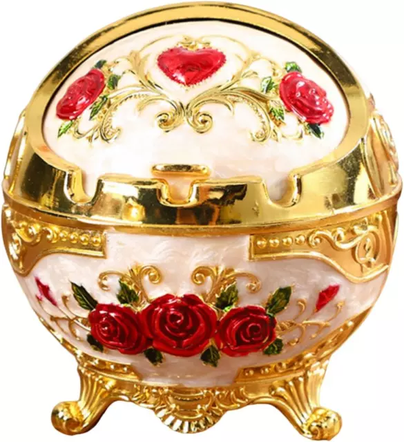 Vintage Windproof Rose Metal Ashtray with Lid Tabletop Portable Living Room Gift