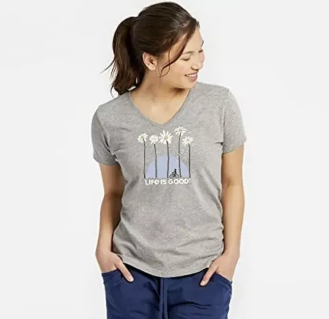 Life is Good Women's Crusher Graphic V-Neck T-Shirt Towering Daisies Bike Med