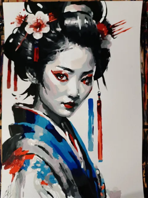 Miniature Acrilyc portrait Of Japanese geisha girl, handmade