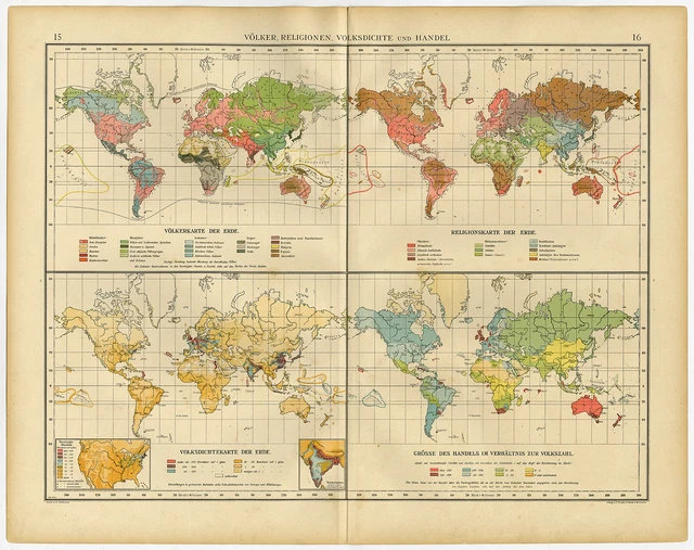 Antique Map-WORLD-RELIGION-POPULATION DENSITY-TRADE-PEOPLES-Andree-1904