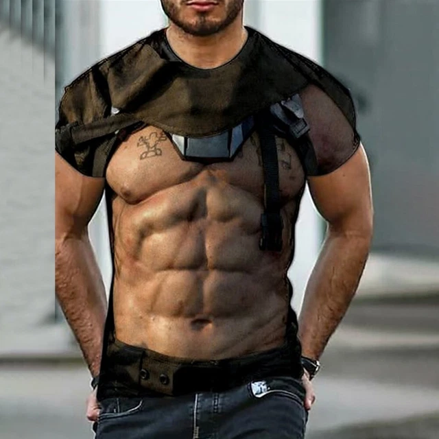 T-shirt sportiva retrò uomo con tatuaggio muscolare stampa 3D ginnastica top