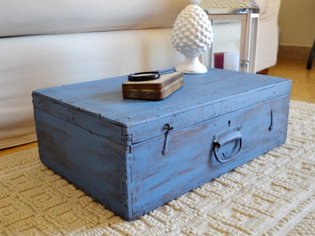 Antica Piccola Cassa Baule in Legno primi 900 Vintage Scatola Azzurro Shabby