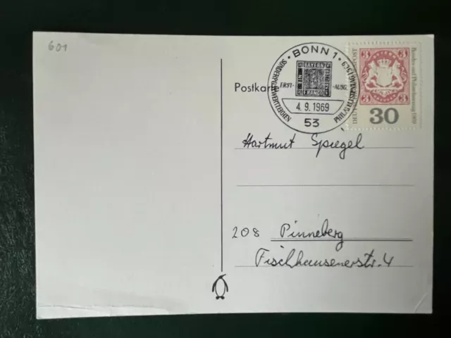 BME26 BUND Mi.Nr: 601 Bonn 4.9.1969 FDC Philatelistentag nach 208 Pinneberg