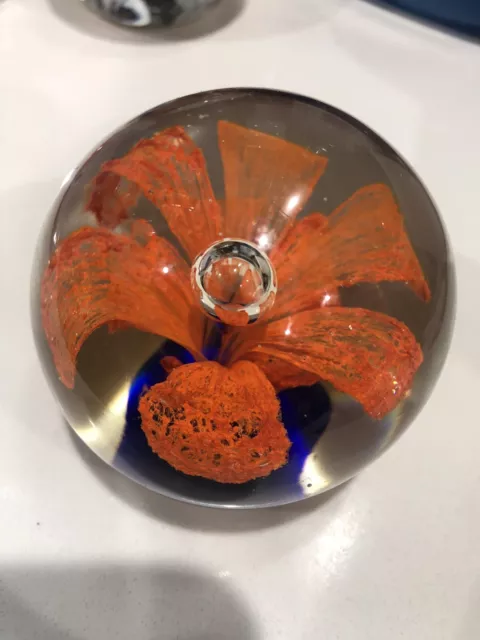 Orange flower abstract Glass Paperweight vintage hand blown art orange with blue