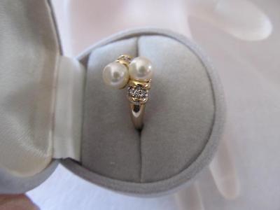 14K Yellow Gold Akoya Cultured Pearls with Diamonds in Crossover Setting Ring