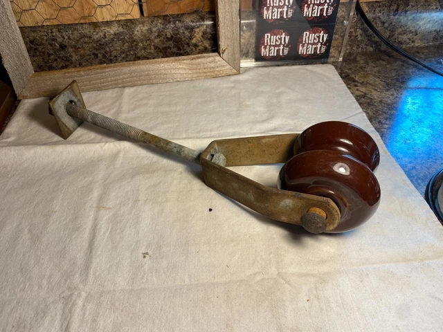 Vintage Brown Ceramic Porcelain Electrical Wire Insulator with Hardware Hanger