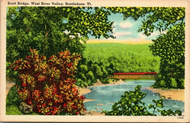 Battleboro Vermont VT West River Valley Scott Bridge Covered Linen Postcard T10