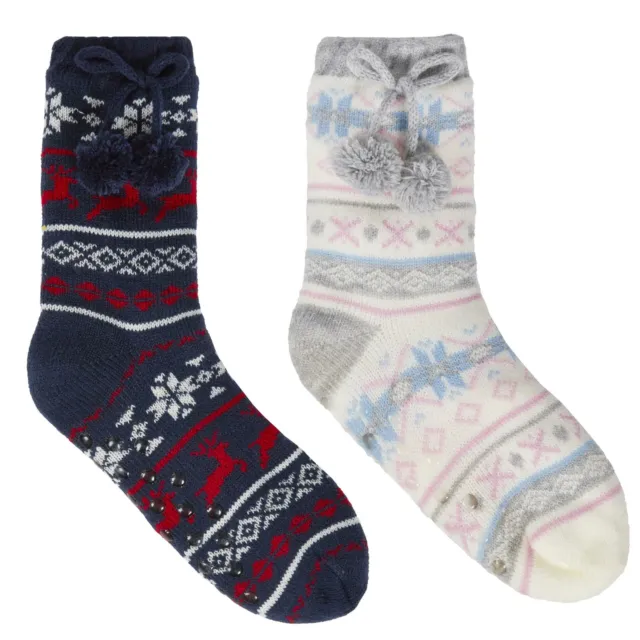 Ladies Girls Fairisle Knitted Slipper Lounge Warm Socks With Grippers Fleece