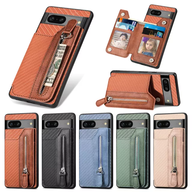 For Google Pixel 6 7Pro 7A 8 Shockproof Wallet Back PU Leather Zipper Stand Case