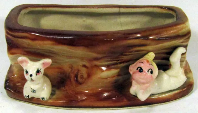 Pixie Bunny Log Vase Planter Bone China Mid Century Japan 14.5 x 7 cm 2